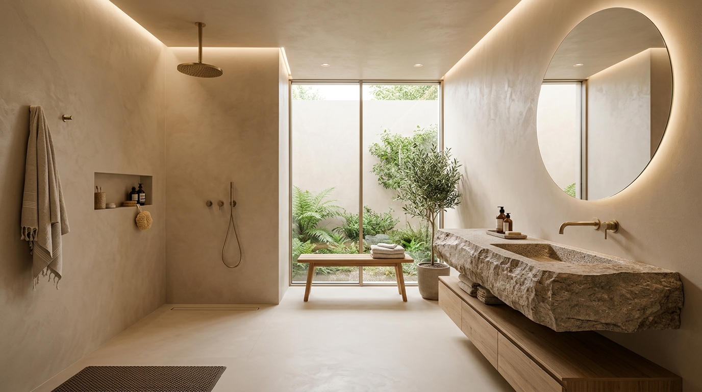 Baño de spa moderno con microcemento continuo en paredes y plato de ducha sin juntas