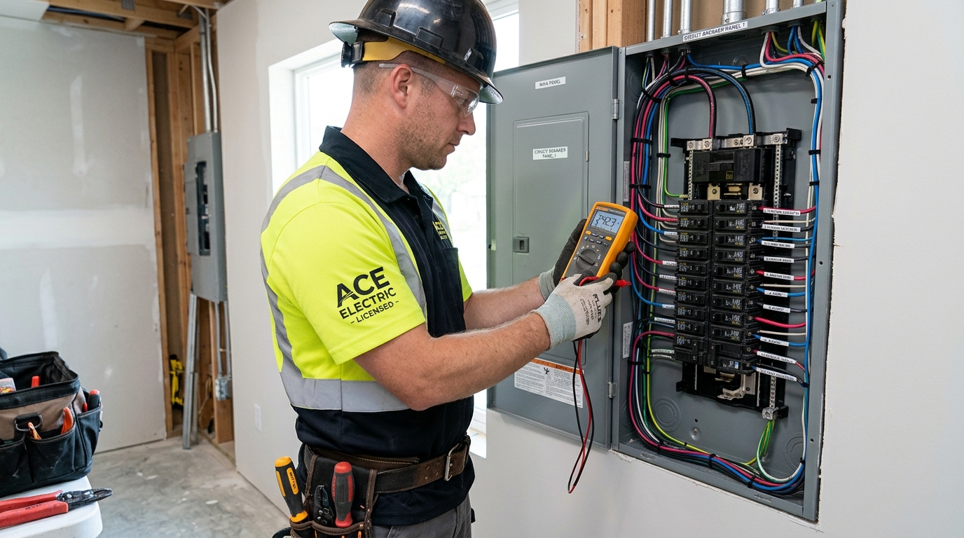 Técnico electricista instalando cuadro de distribución y cableado seguro